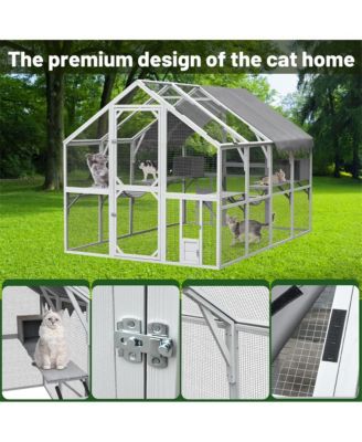 110 in. Outdoor Cat House Cat Enclosures with Platforms Upgrade Waterproof Cover in Gray White