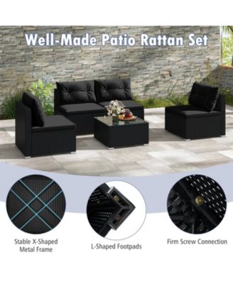 5 PCS Patio Furniture Set w/ Seat & Back Cushions Tempered Glass Tabletop