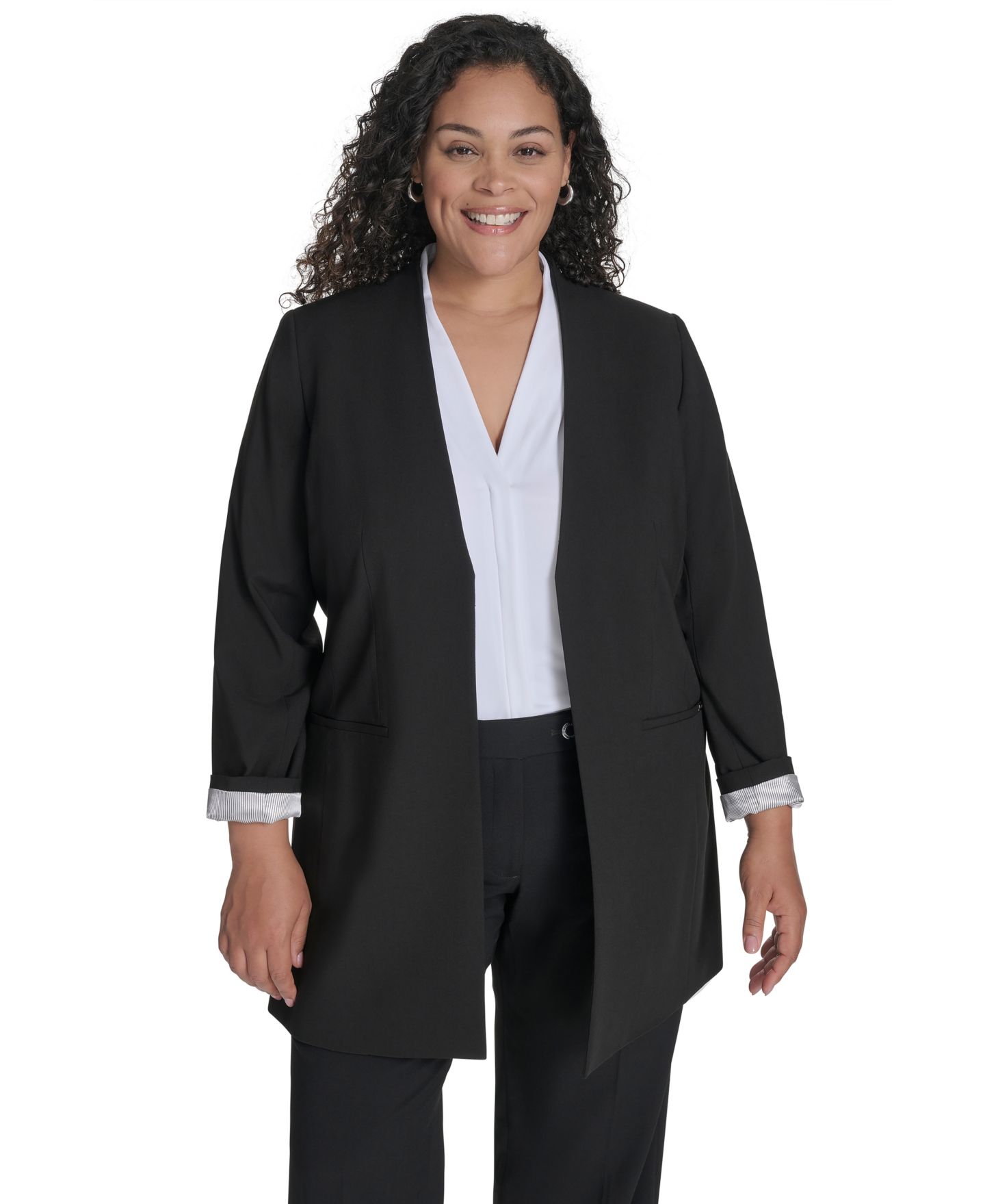 Женский пиджак Calvin Klein Plus Size Collarless Open-Front Topper Blazer, цвет: Чёрный — фото 1