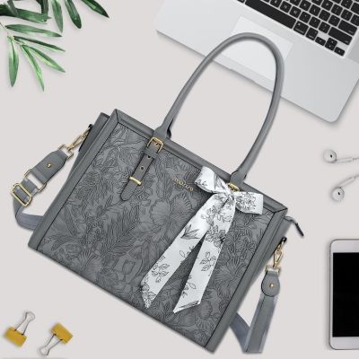 Gray 17-17.3 Inch PU Leather Laptop Tote Bag for Women - Compatible with MacBook, HP, Dell, Asus - Retro Hibiscus Embossed Computer Bag