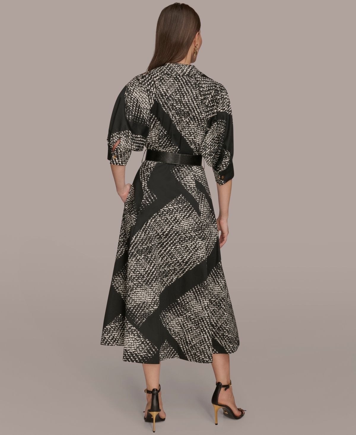 Donna Karan Abstract Houndstooth Check Belted Midi Shirtdress In Multi