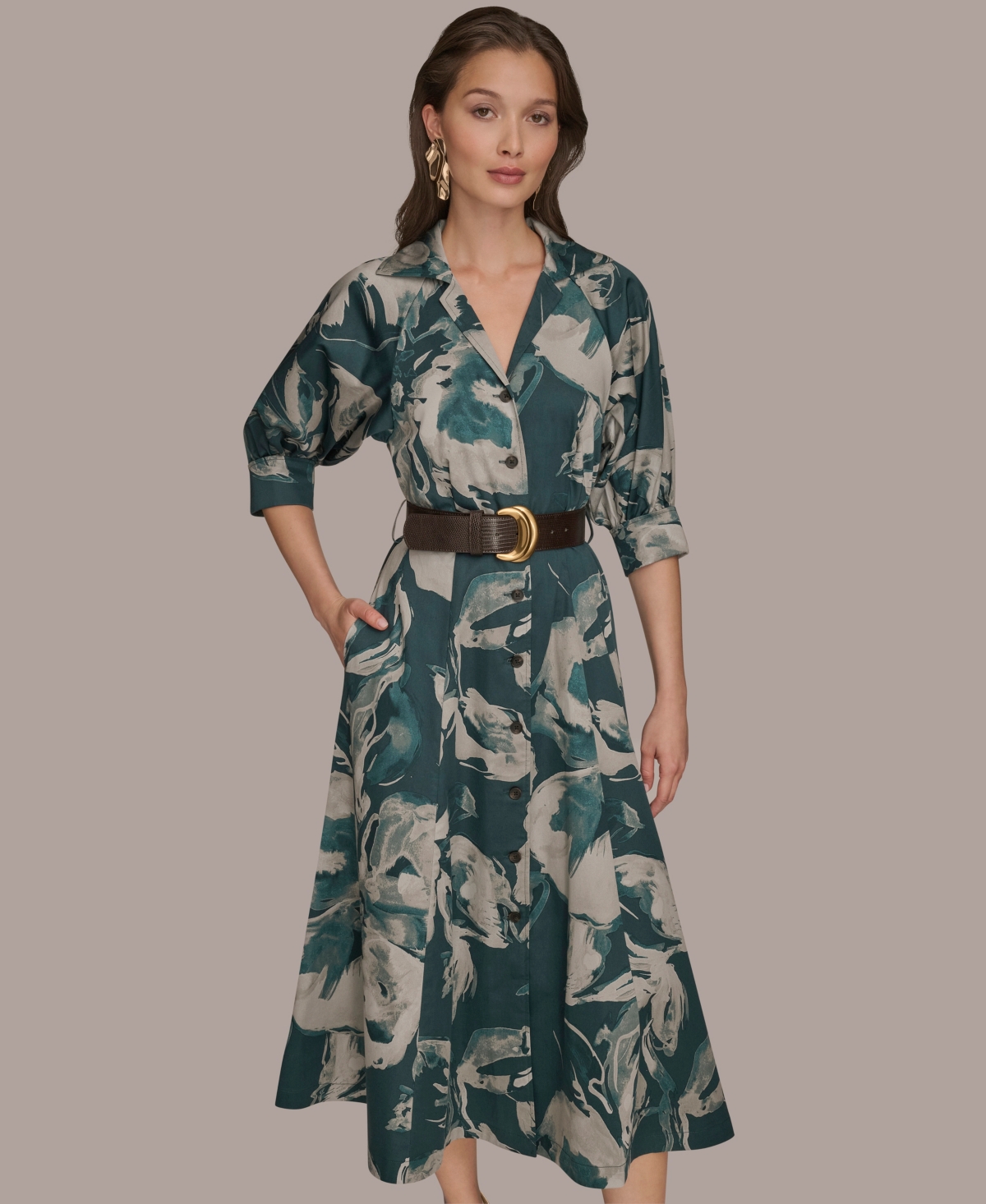 Donna Karan Abstract Floral Belted Midi Shirtdress In Green