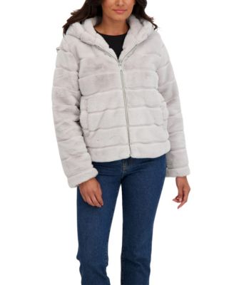 Women's Hooded Grooved Short Faux Fur Jacket