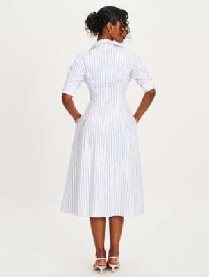 Women's Palina Pinstripes Cotton Poplin Pleated Midi Preppy Shirt Dress