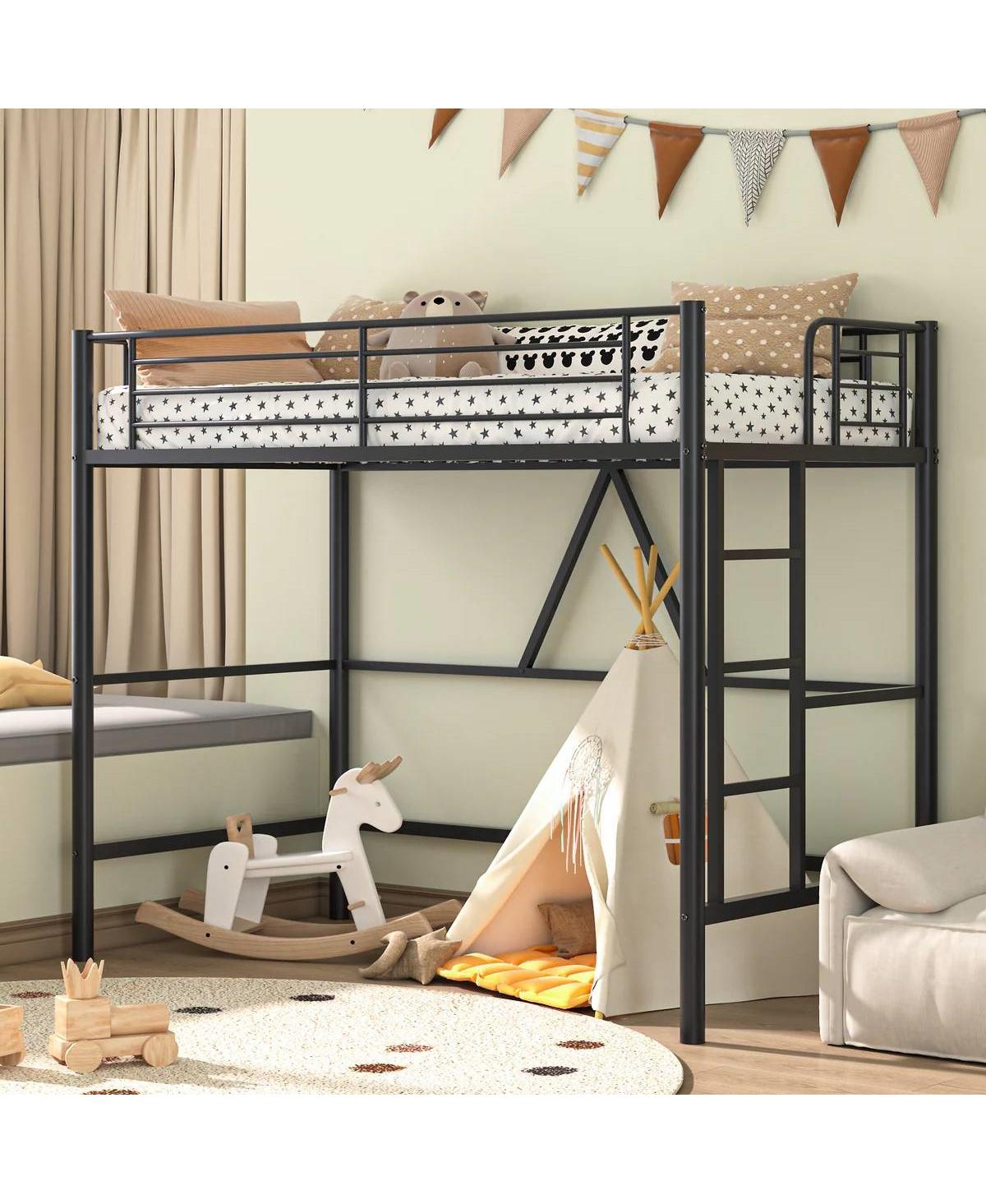 Slickblue Metal Loft Bed Frame with Ladder, Space-Saving Design for Small Bedrooms