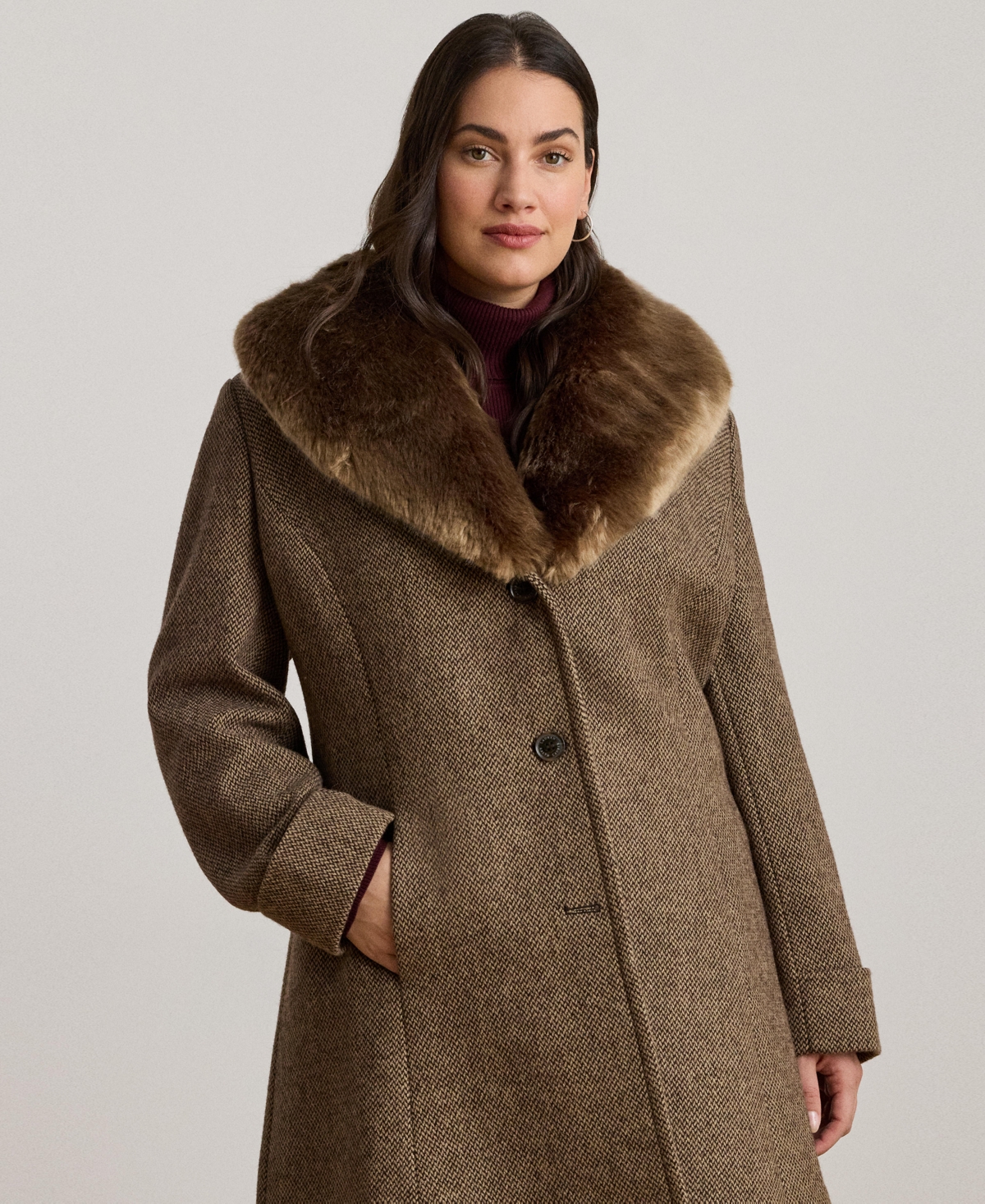 Ralph Lauren Plus Size Faux-fur-collar Coat In Brown