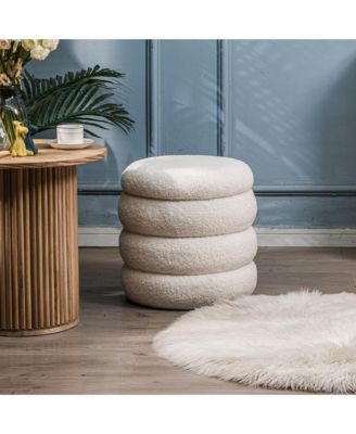 - White Boucl&eacute; Pouf with Storage Vintage Style Upholstery Living Room