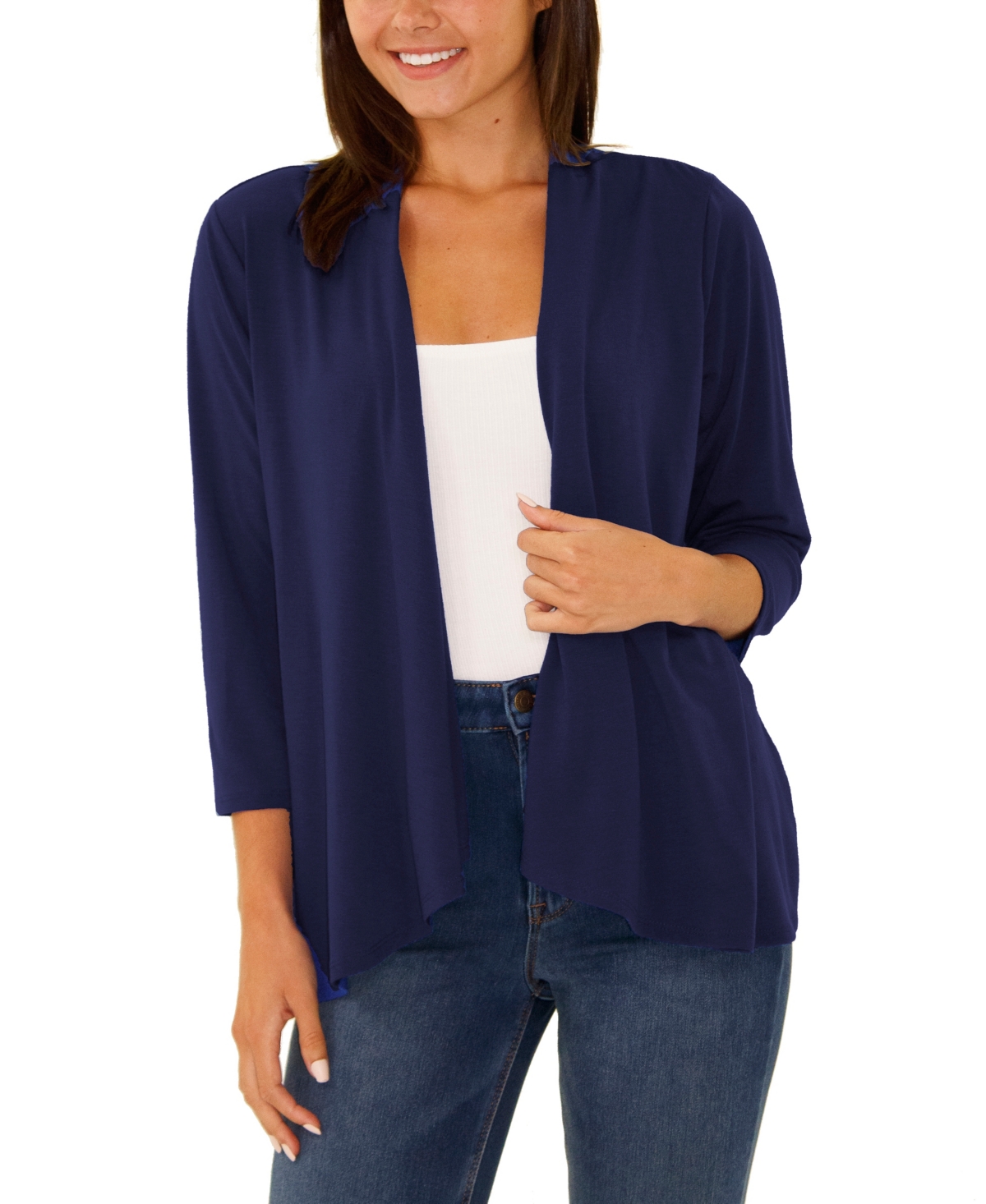 Ny Collection Petite 3/4 Sleeve Solid Cardigan Sweater In Blue