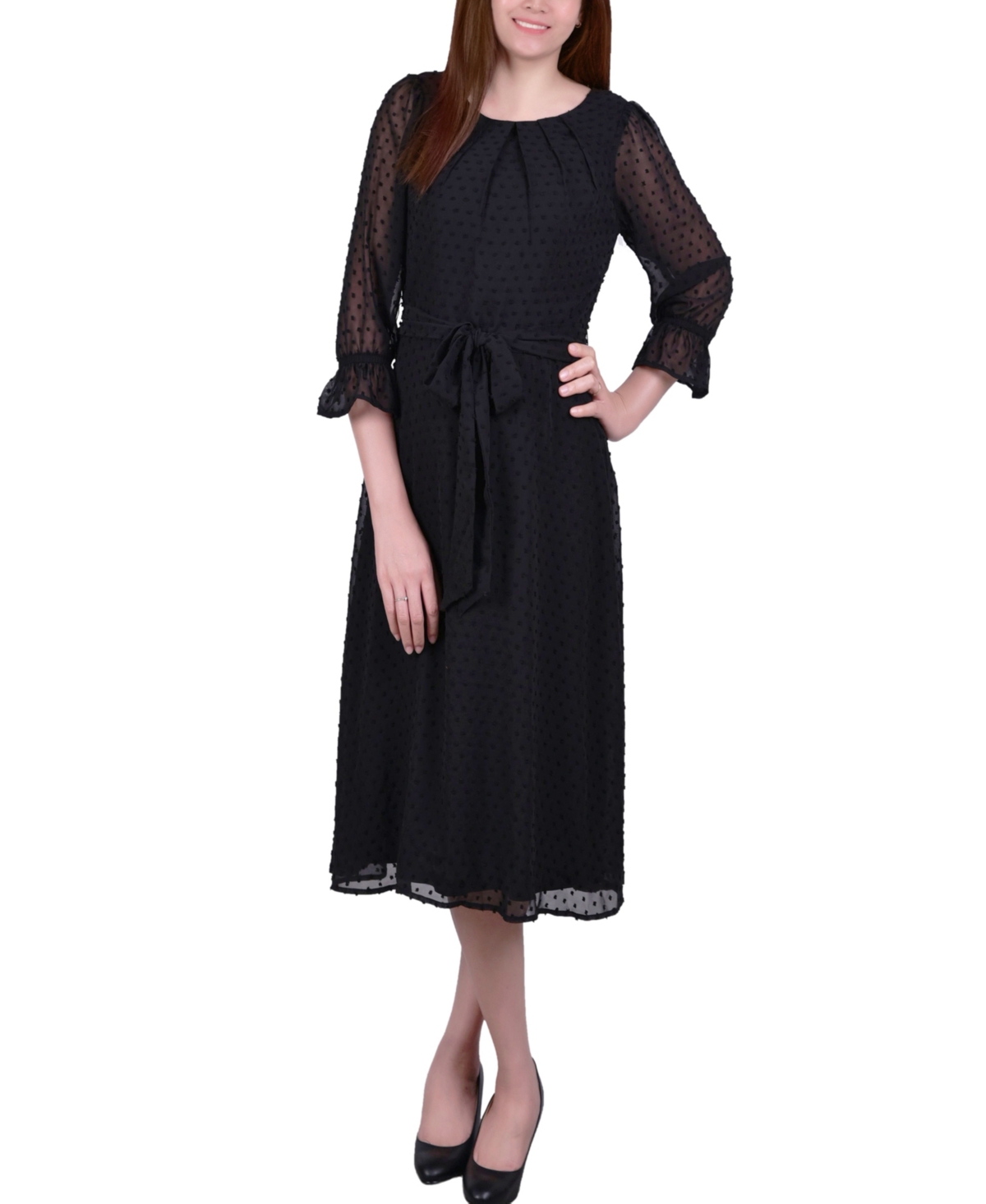Ny Collection Petite 3/4 Sleeve Belted Swiss Dot Dress In Black