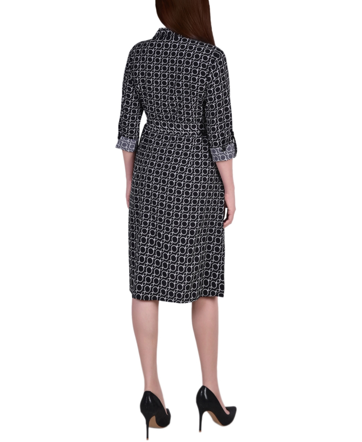 Ny Collection Petite Geometric Printed Long Sleeve Roll Tab Shirtdress In Black