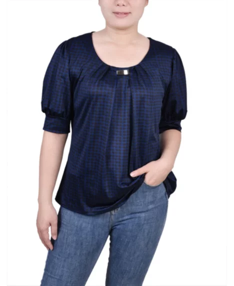 Petite Short Sleeve Balloon Sleeve Top - Estate Blue Snowpop
