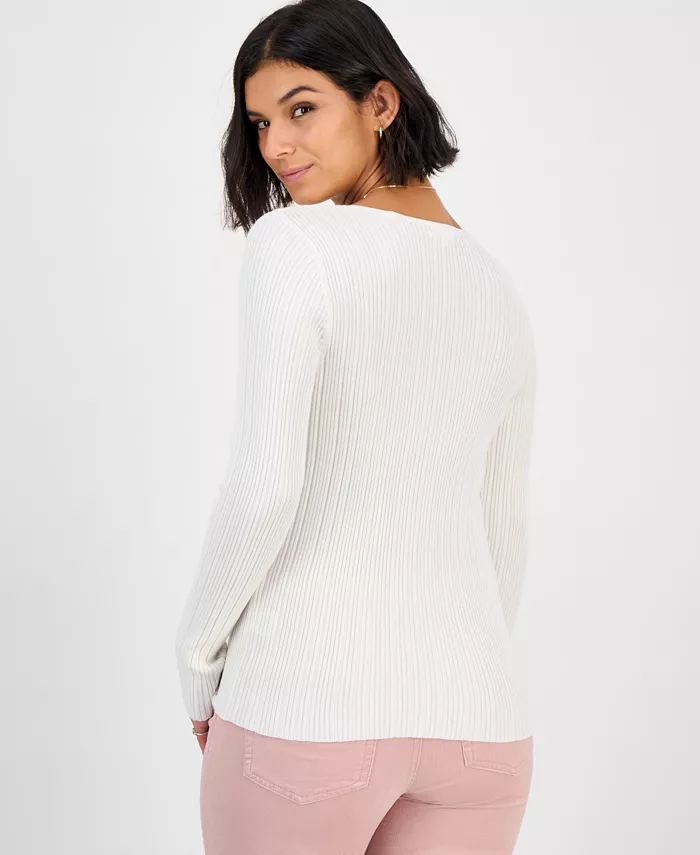 Juniors' V-Neck Ribbed Fine Gauge Flyaway Sweater - thumbnail 2