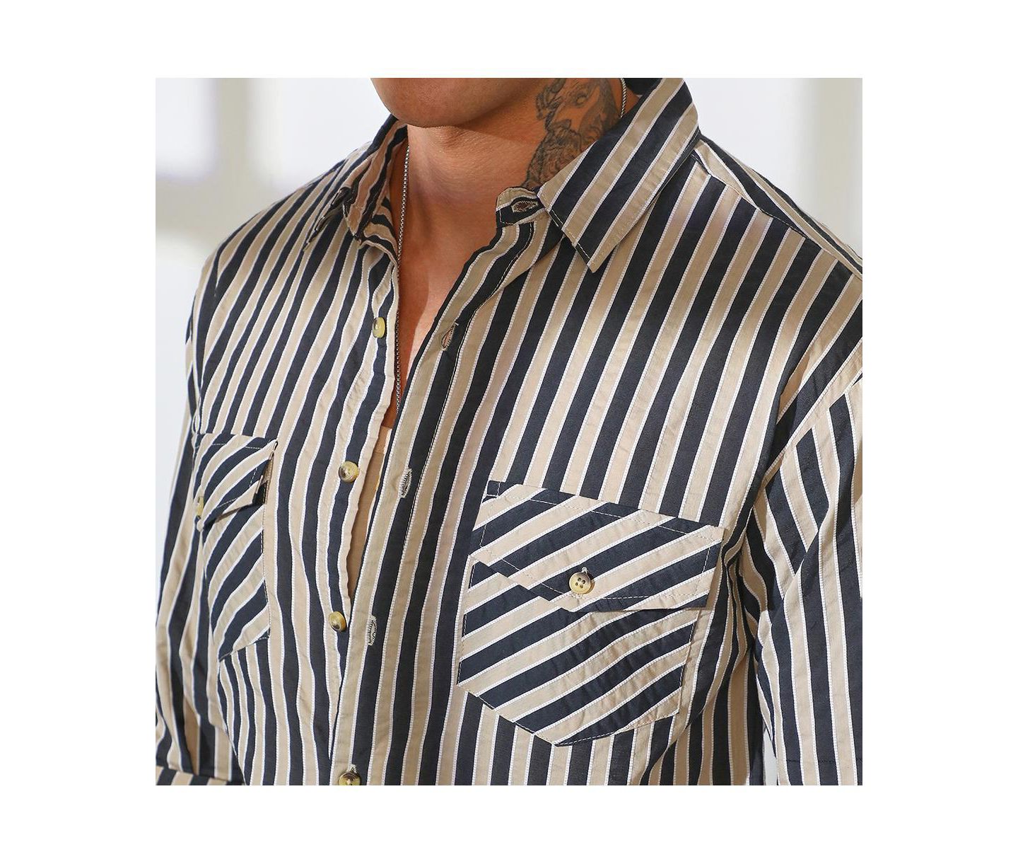 Мужская рубашка Cahoot Campus Sutra Navy Blue & Khaki Beige Candy Striped Oversized, цвет: Синий — фото 5