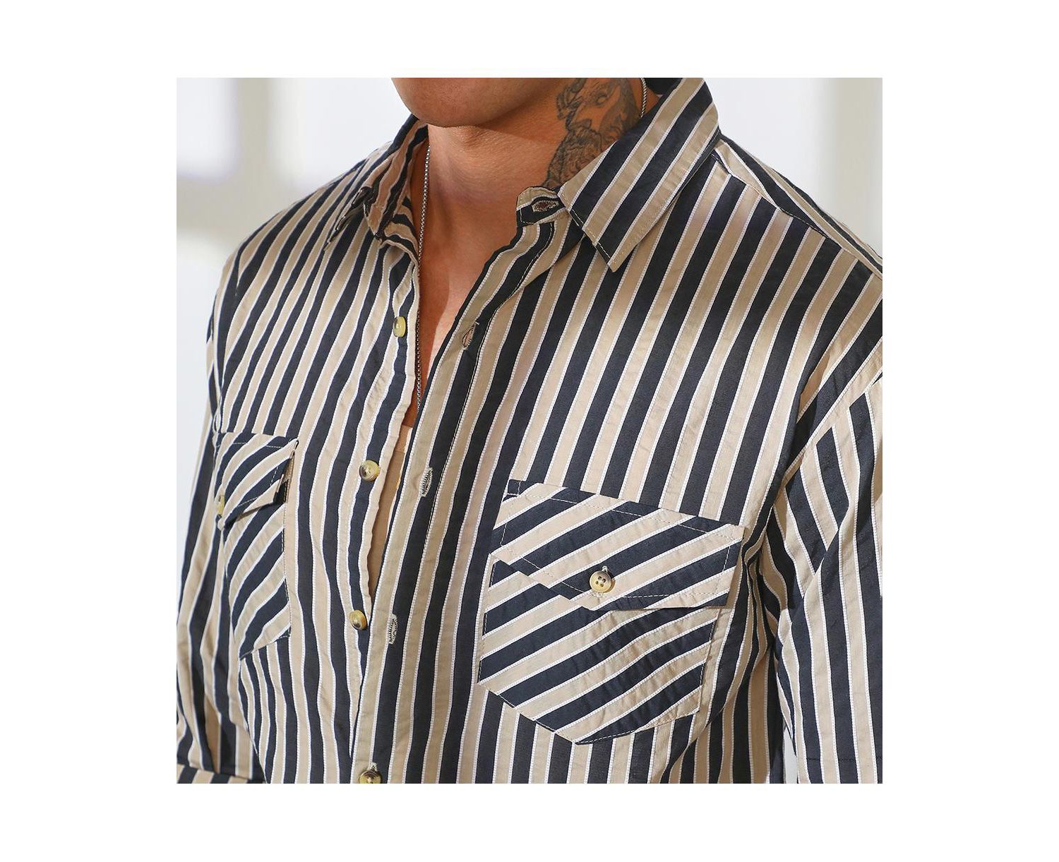 Men's Navy Blue & Khaki Beige Candy Striped Oversized Shirt