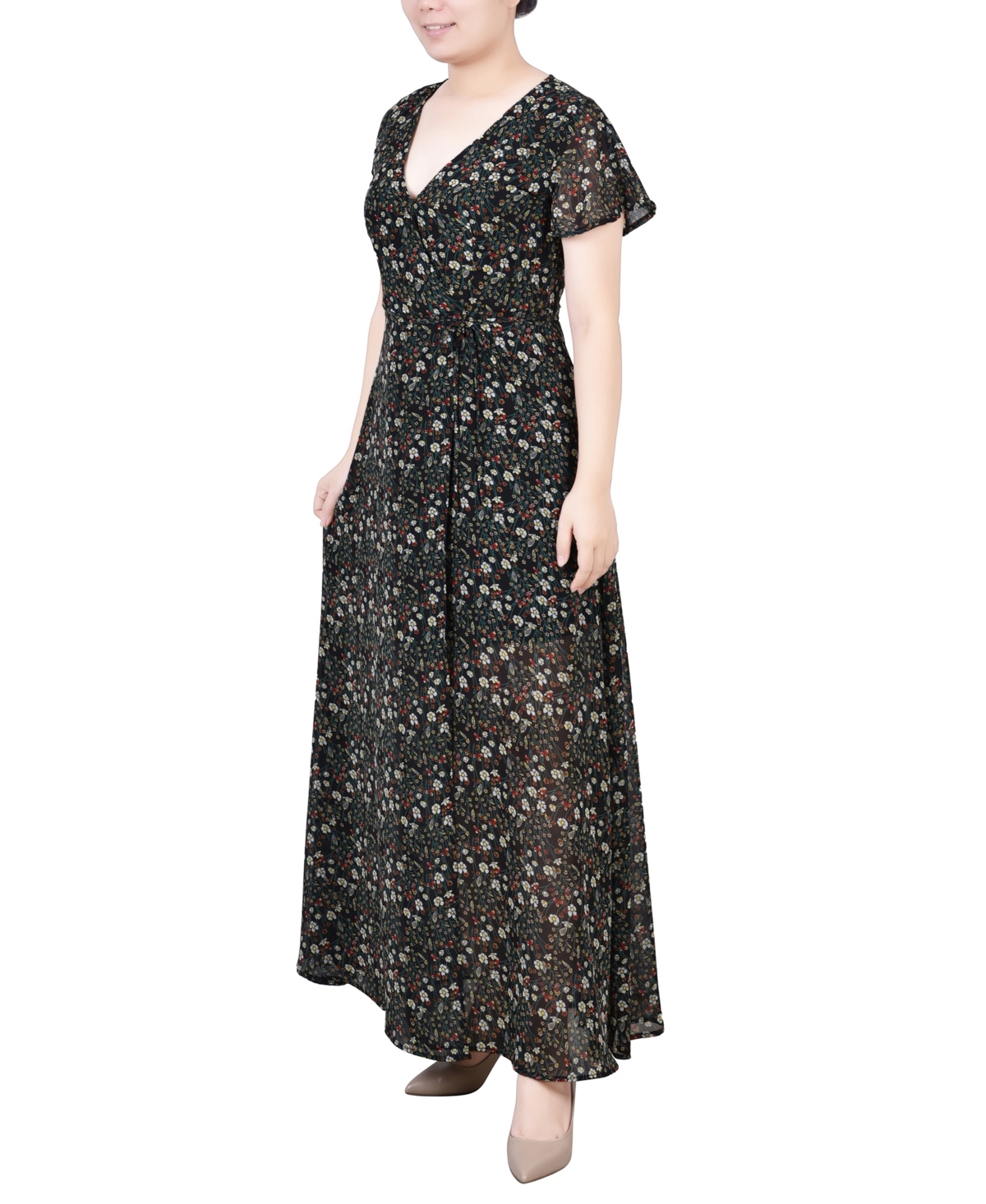 Ny Collection Petite Short Sleeve Chiffon Wrap Maxi Dress In Black