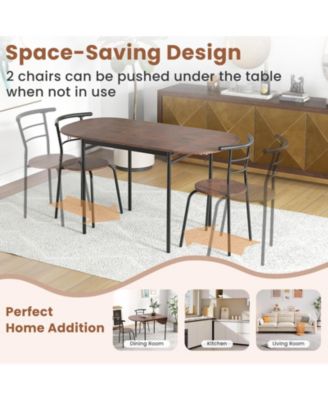 3 Pcs Foldable Dining Table Set w/ 2 Chairs Industrial Oval Corner Dining Set