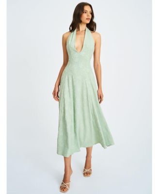 Women Magda Mint Green Deep V Neck Halter A-line Midi Dress