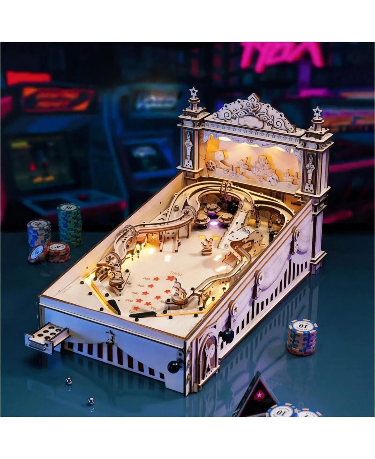 Robotime 3D Wooden Puzzle Pinball Machine Model,Diy Retro Games Marble Run, Beige, 18.7"10.8"18.7"