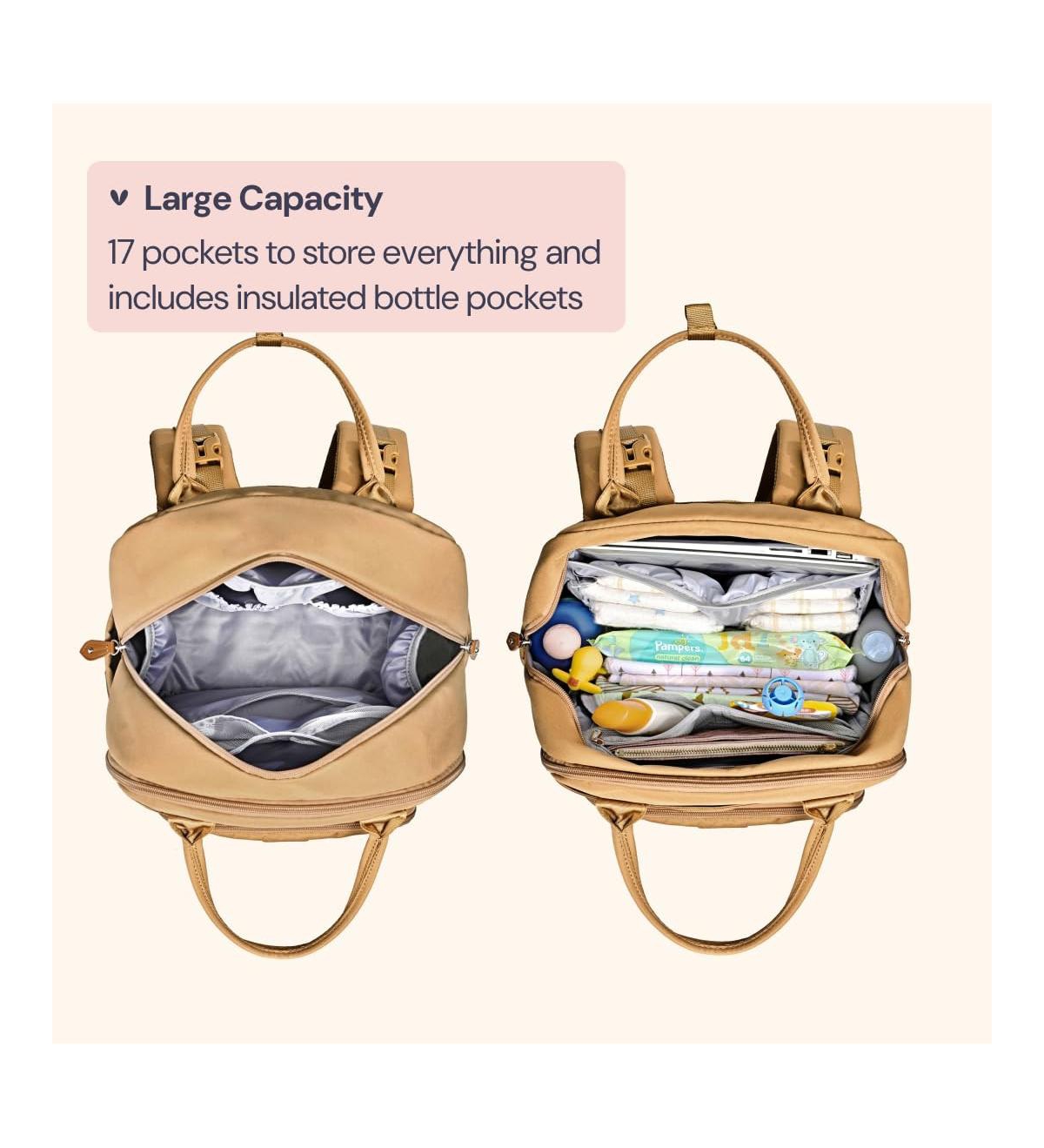 BabbleRoo Toddler Diaper Bag Backpack Stylish 26L Hands Free with Changing Pad, Stroller Straps & Water-Resistant, Safari, Large