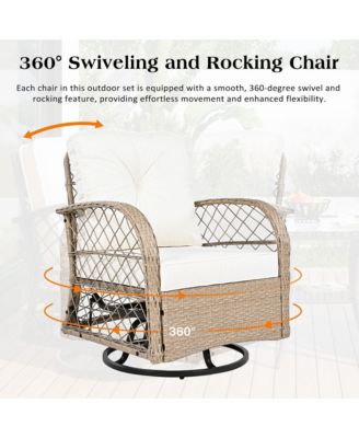 3-piece Outdoor Chair&Table Set Chat Set 2-person Rattan Seating Group with Two Two Swiveling and Rocking Chairs and a Square Table for Garden, Patio, or Balcony, Natural