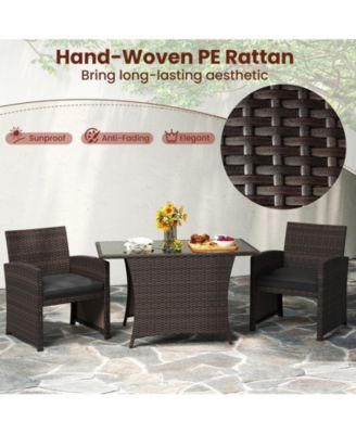3 Piece Patio Wicker Dining Set 2 Rattan Chairs w/ Rectangle Tempered Glass Dining Table