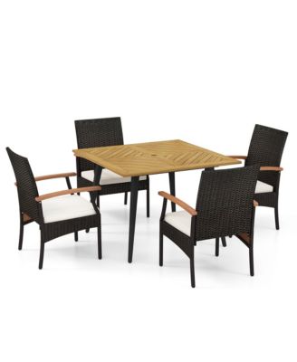 5PCS Patio PE Wicker Dining Set Table and Chairs w/ Cushions 1.9'' Umbrella Hole