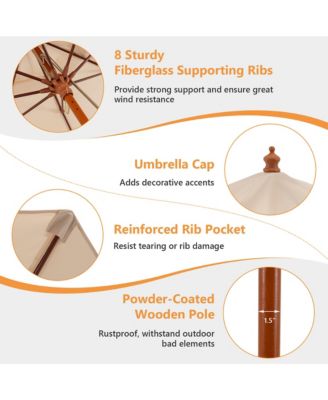 9.5 FT Patio Rope Pulley Wooden Umbrella Market w/Fiberglass Ribs Outdoor