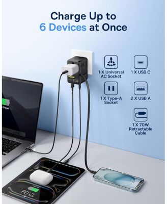70W Universal Travel Adapter with Retractable Cable, 6-in-1 International Plug Adapter, USB-C PD Fast Charging Worldwide Wall Charger
