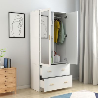 Modern 2-door 2-drawer wardrobe with mirror, bedroom Armoire, Closet
