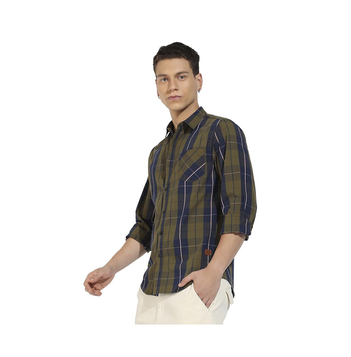 Campus Sutra Men's Olive Green Tartan Plaid Shirt