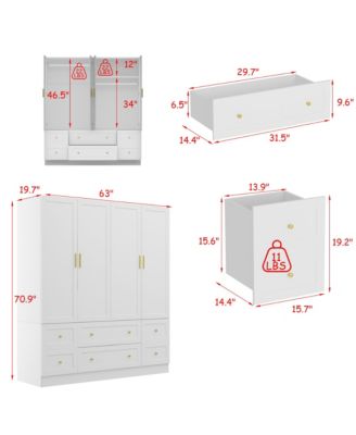 Simple white 4-door 6-drawer wardrobe with large capacity, bedroom Armoire, Closet