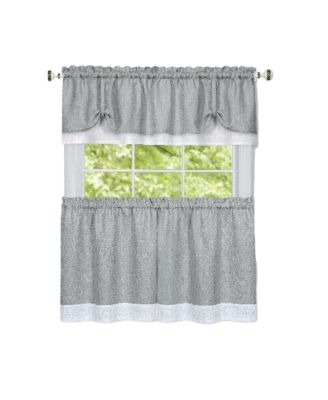 Shabby Country Farmhouse Flax Styled Sheer Cafe 3 Piece Kitchen Curtain Tier & Valance Set - 24 in. Long - Gray