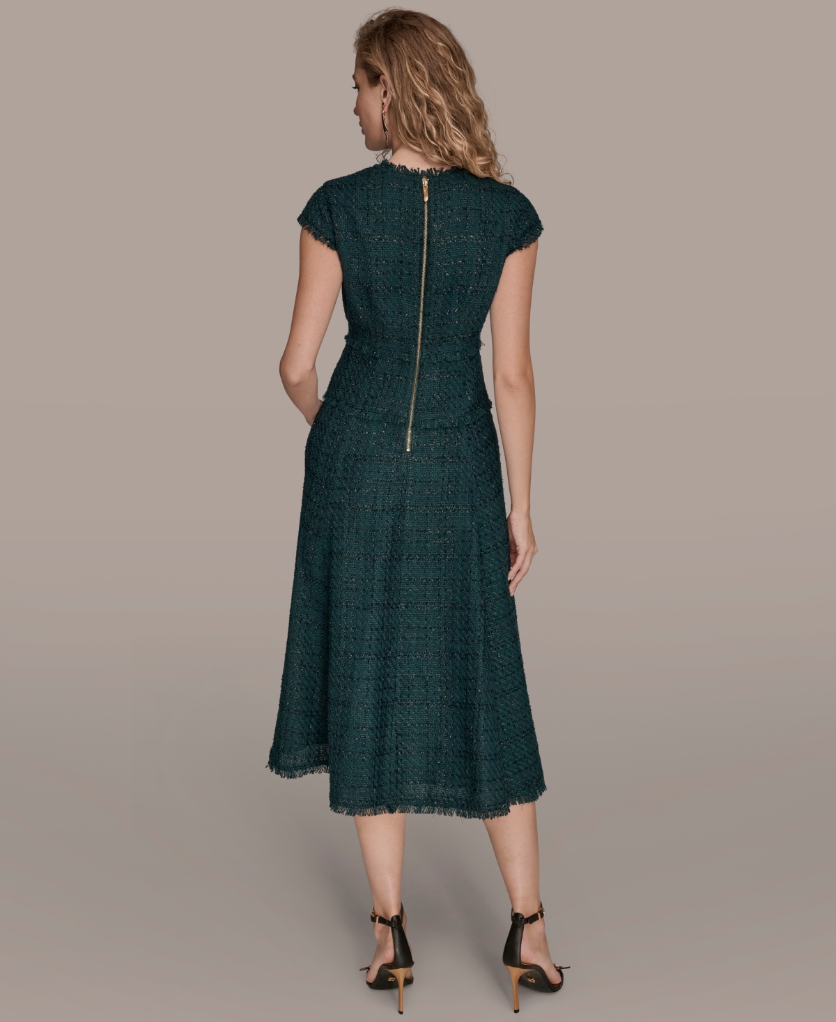 Donna Karan New York Metallic Tweed Midi Dress In Green