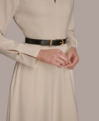 Women's Satin V-Neck Belted A-Line Midi Dress