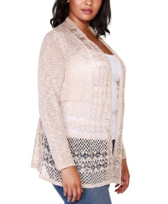 Plus Size Open-Front Pointelle-Trim Cardigan Sweater