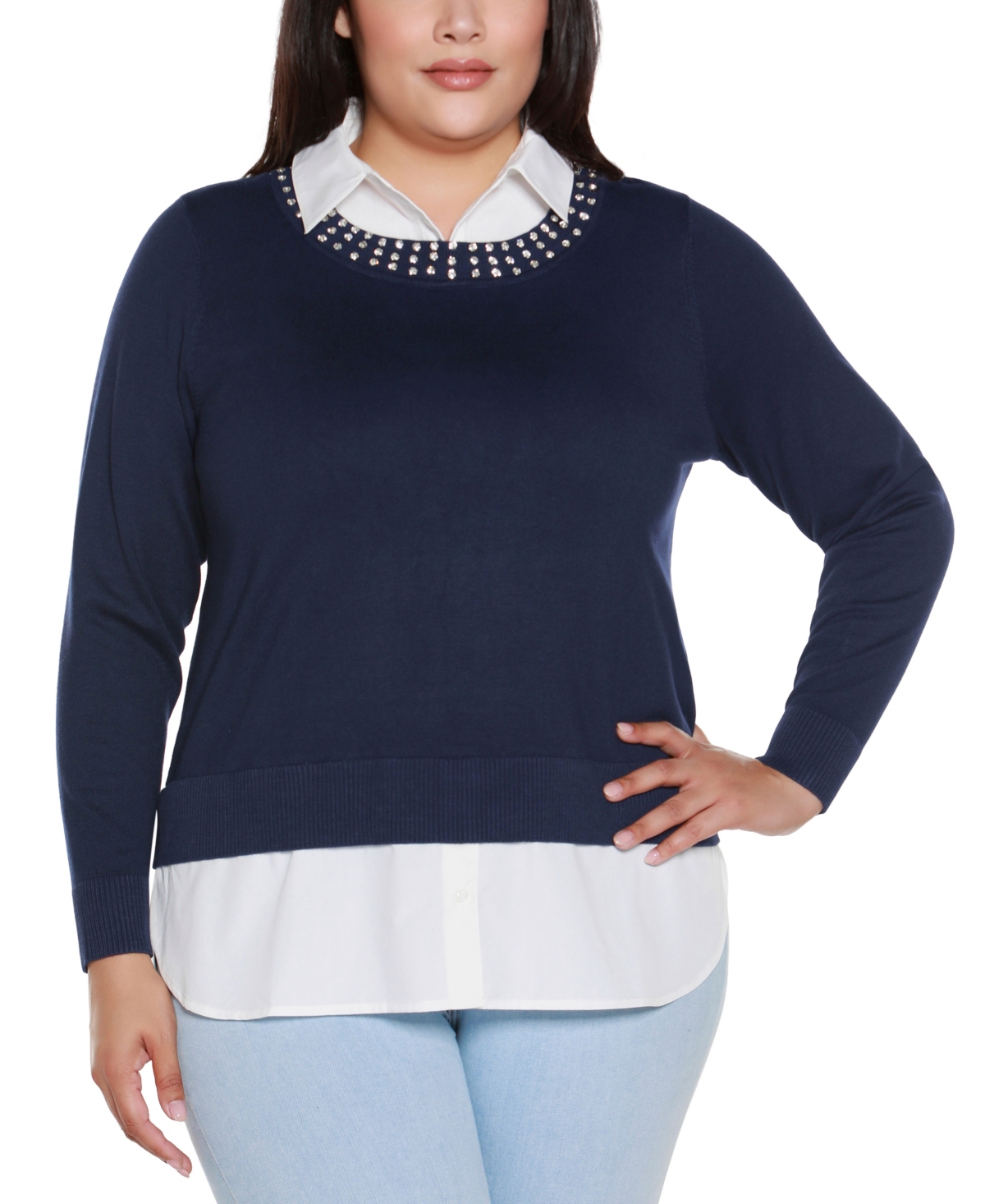 Belldini Plus Size Rhinestone-neckline Two-fer Sweater In Blue