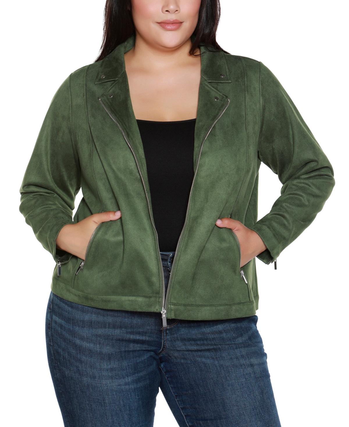 Belldini Plus Size Faux-suede Moto Jacket In Green