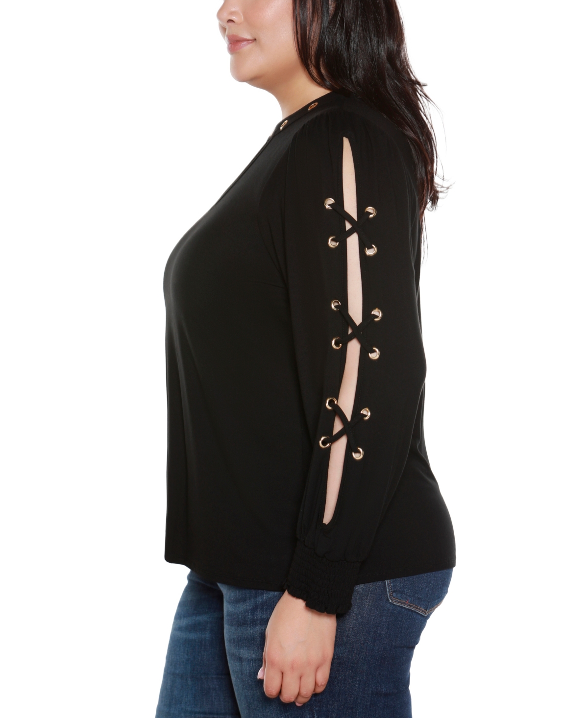Belldini Plus Size Slit-sleeve Keyhole Knit Top In Black