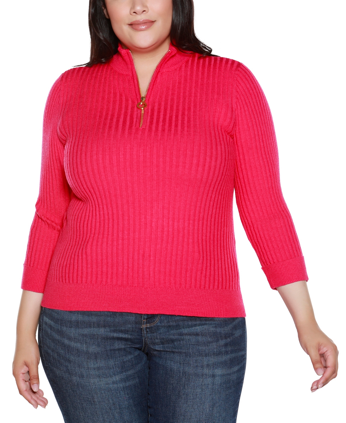 Belldini Plus Size Ribbed Quarter-zip Sweater In Pink
