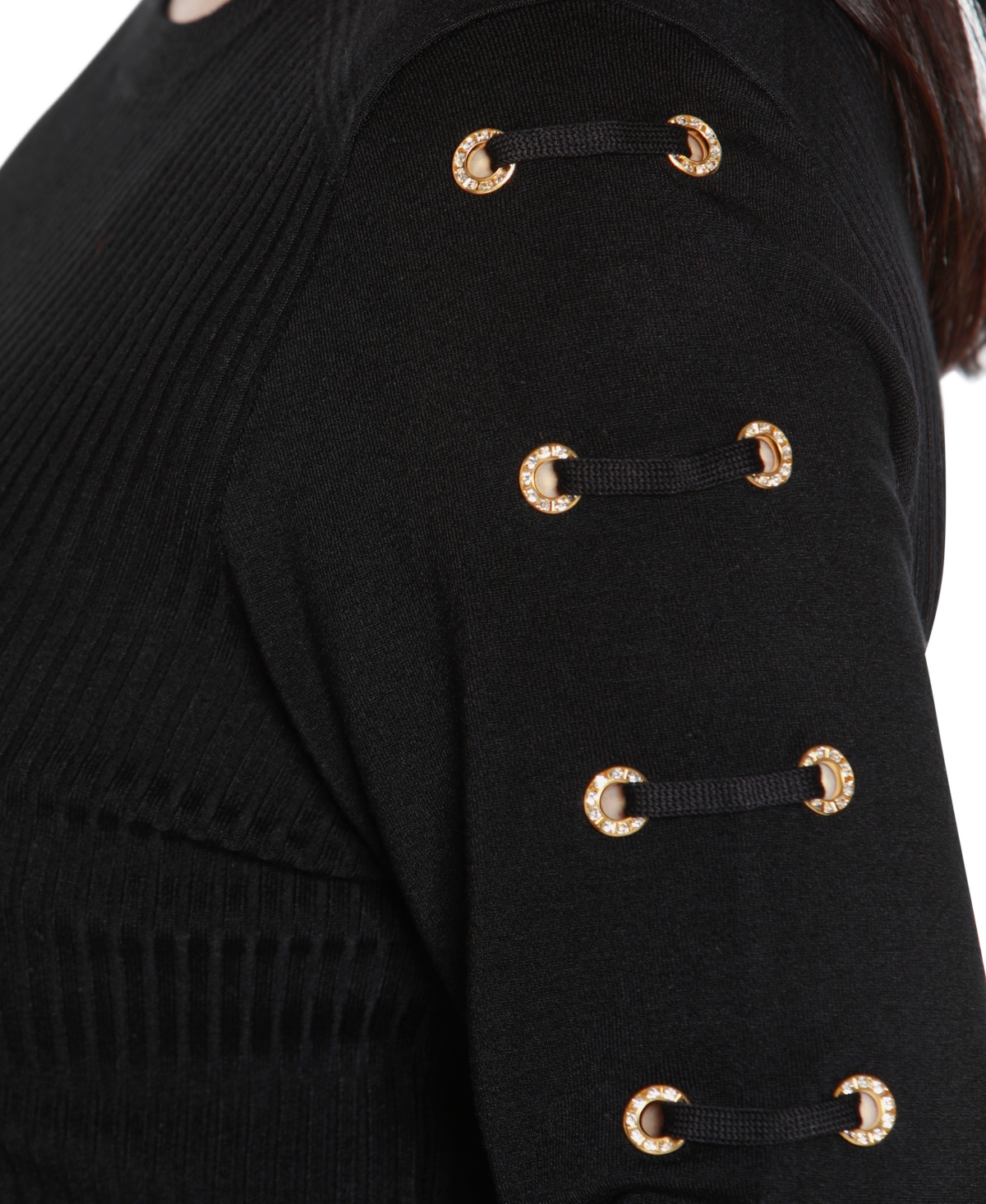 Belldini Plus Size Grommet-trim Ribbed Sweater In Black