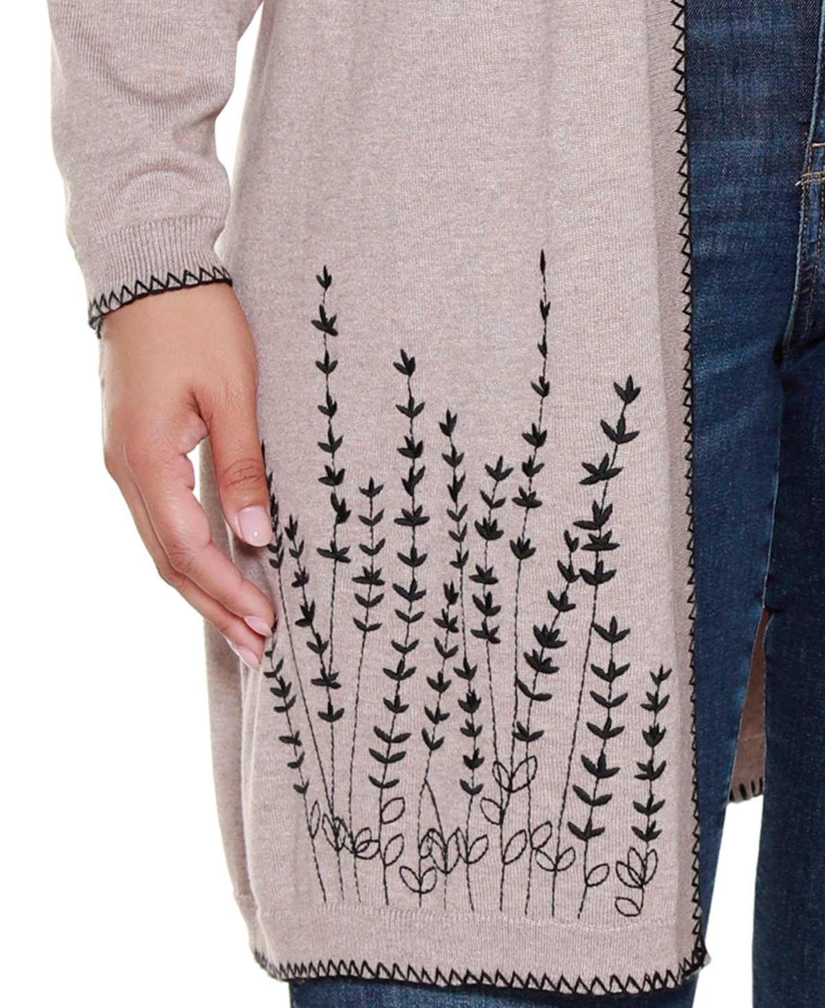 Belldini Plus Size Embroidered Open-front Cardigan Sweater In Neutral