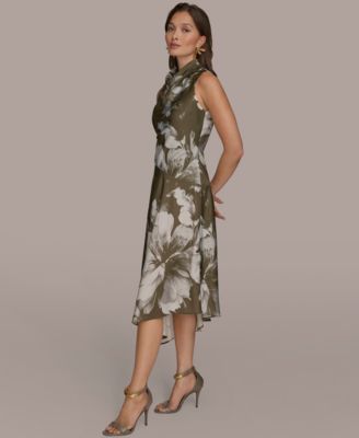 Petite Satin Asymmetrical Floral Midi Dress