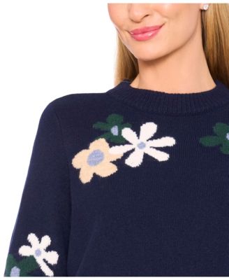 Women's Flower Patterned Knit Crewneck Sweater
