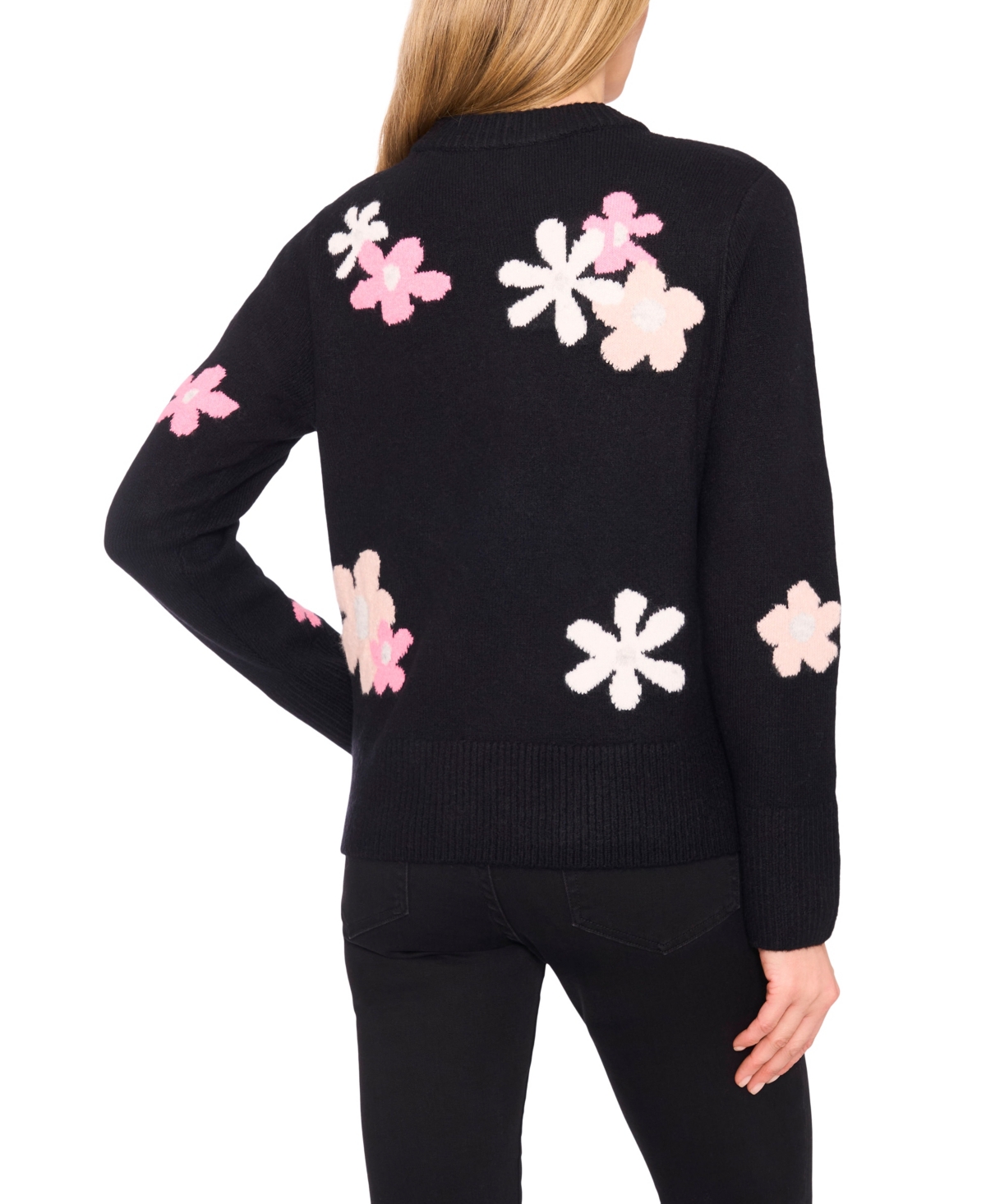 CeCe Women's Flower Patterned Knit Crewneck Sweater