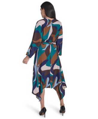 Petite Crewneck Belted Handkerchief Hem Midi Dress