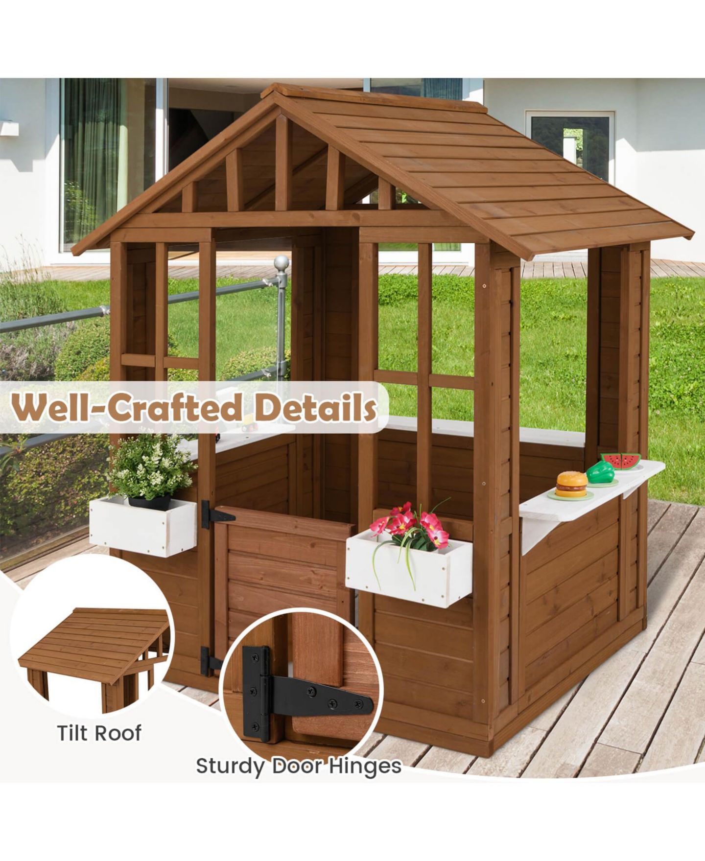 Детская игрушка Costway Outdoor Playhouse Wood Adventures Cottage with Serving Stations & Door, цвет: Натуральный — фото 7