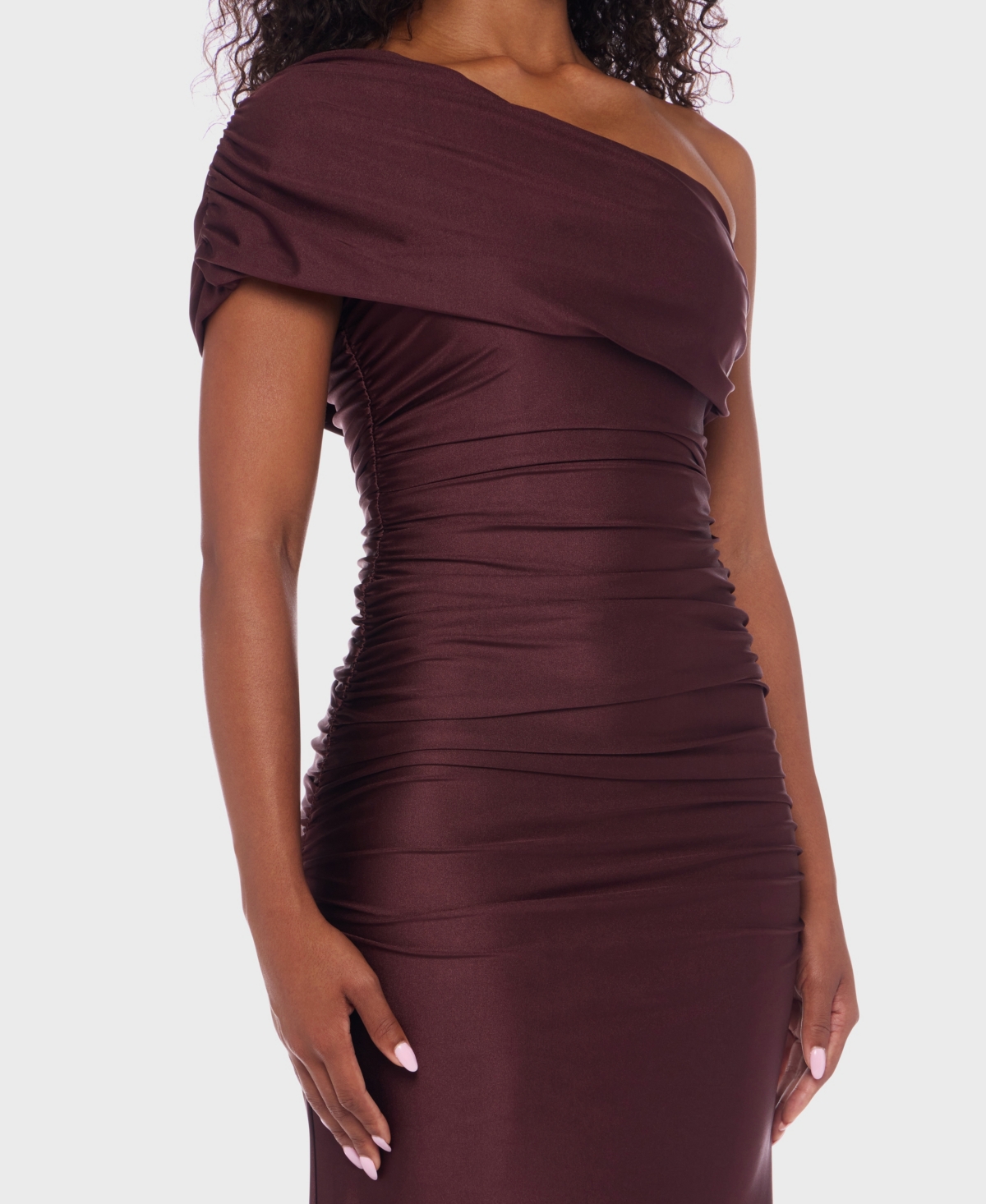 B Darlin Juniors' One-shoulder Draped Floor-sweeping Gown In Brown