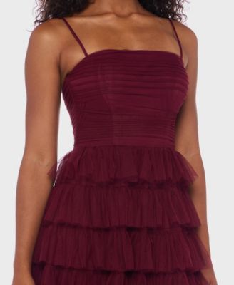 Juniors' Spaghetti Strap Square Neck Ruffle Gown