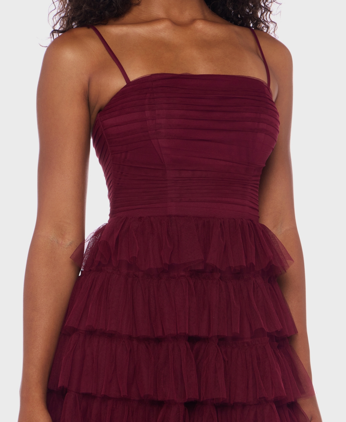 B Darlin Junior's Spaghetti Strap Square Neck Ruffle Dress In Brown