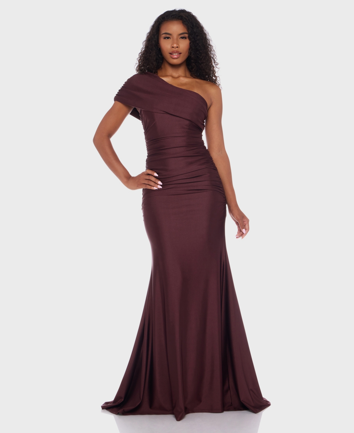 B Darlin Juniors' One-shoulder Draped Floor-sweeping Gown In Brown